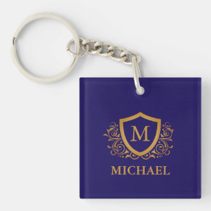 Porte-clefs Nom du monogramme personnalisé bleu et or de la ma