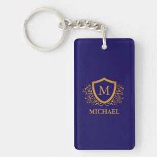 Porte-clefs Nom du monogramme personnalisé bleu et or de la ma