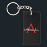 Porte-clefs Nom du monogramme rouge noir de la fille<br><div class="desc">Noir et Rouge Simple Script Monogramme Nom Porte - clé. Cela rend le cadeau parfait pour 16 ans,  mariage,  douche nuptiale,  anniversaire,  baby shower ou bachelorette pour quelqu'un qui aime le luxe glam et les styles chic.</div>