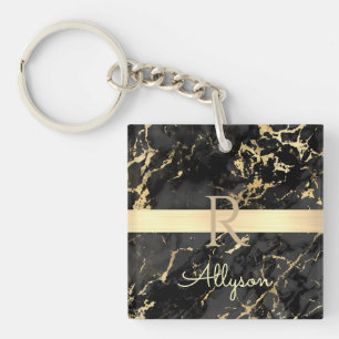 Porte-clefs Nom et monogramme DIY, barre dorée, marbre noir et