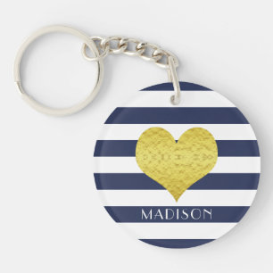 Porte-clefs Nom Gold Heart Blue White Stripes Motif