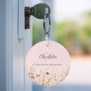 Porte-clefs Nom monogramme fleur sauvage beige rose