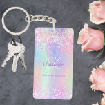 Porte-clefs Nom monographique de la parties scintillant rose v<br><div class="desc">Un arrière - plan holographique branché aux couleurs pastel rose,  violet,  vert menthe. Faux parties scintillant. Personnalisez et ajoutez votre prénom,  vos initiales monographiques et votre nom complet. Lettres violettes et blanches.</div>