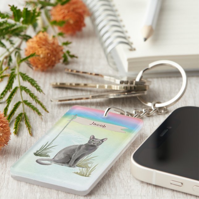 Porte-clefs Nom personnalisé Animal de chat russe bleu (Devant droit)