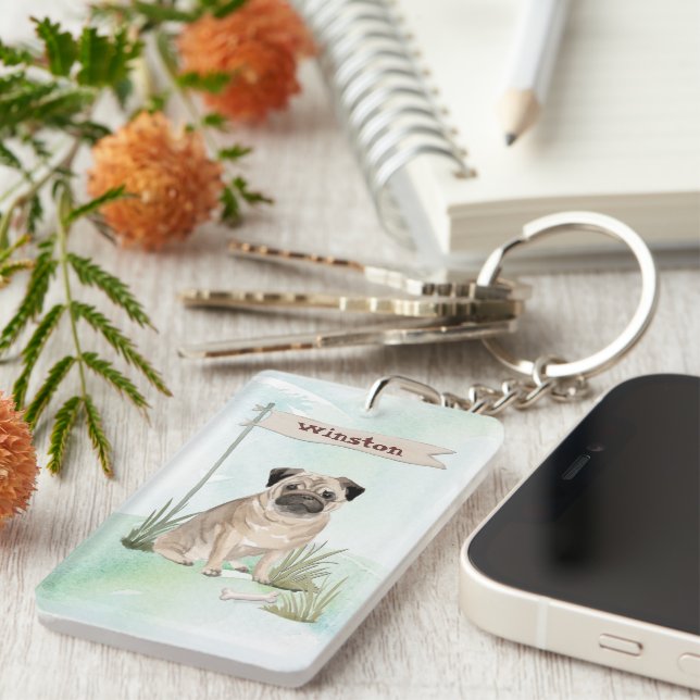 Porte-clefs Nom personnalisé Carlin animal de compagnie chien (Devant droit)