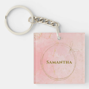 Porte-clefs Nom personnalisé Carré rose et or