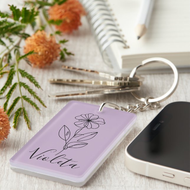 Porte-clefs Nom personnalisé Février violet Fleur de naissance (Devant droit)