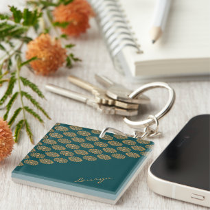Porte-clefs Nom personnalisé floral brun sur vert pin