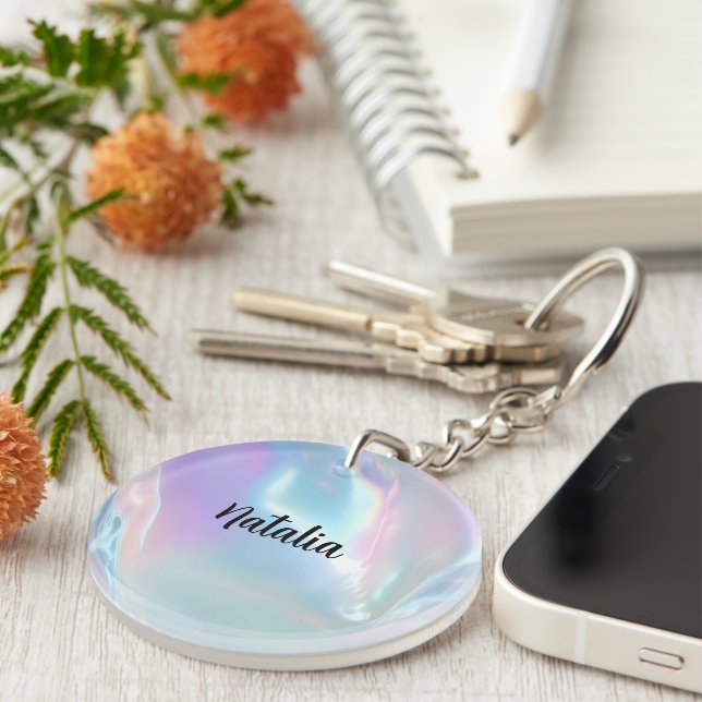 Porte-clefs Nom personnalisé holographique élégant (Devant droit)