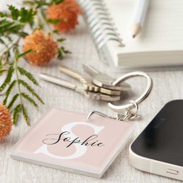 Porte-clefs Nom personnalisé moderne Monogram Pastel Rose (Devant Droit)