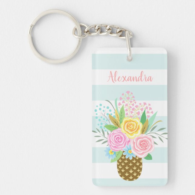 Porte-clefs Nom personnalisé Souhaite ananas Rose rose Turquoi (Devant)