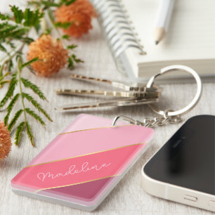 Porte-clefs Nom personnalisé sur rayures rose pastel élégant