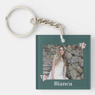 Porte-clefs Nom photo personnalisé Chasseur de fleurs rose ver