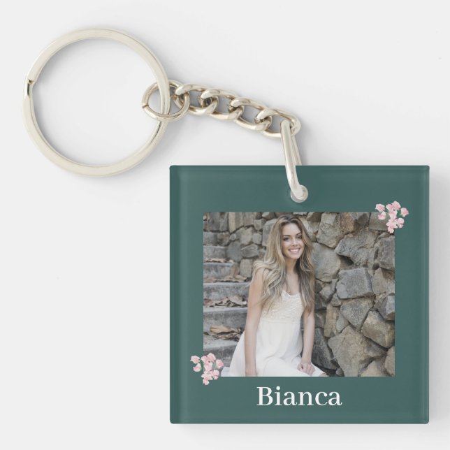 Porte-clefs Nom photo personnalisé Chasseur de fleurs rose ver (Devant)