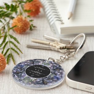 Porte-clefs Noms de Couple de Mariage Floral Noir Moody Classi