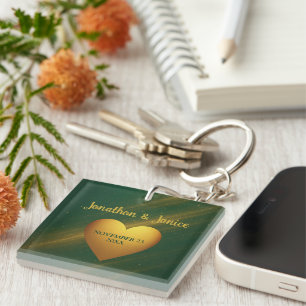 Porte-clefs Noms de couples vert et or & date de mariage