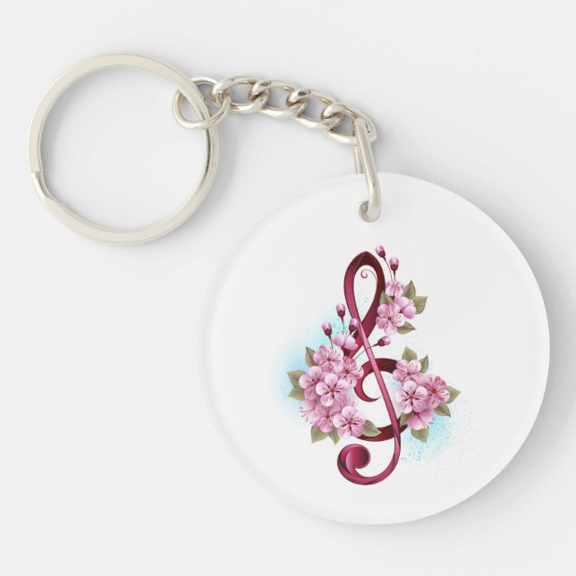 Porte-clefs notes de clé de sol musicales avec fleurs de Sakur (Devant)