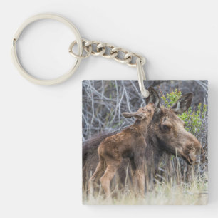 Porte-clefs Nouveau-né orignal veau câlinant sa mère
