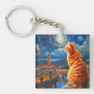 Porte-clefs Nuit étoilée sur Florence   Art du chat roux