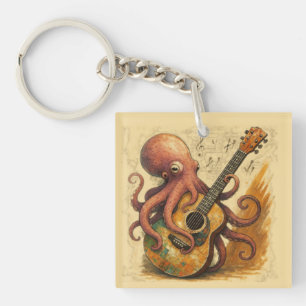 Porte-clefs Octopus Jouer Guitare Musique Vintage Art