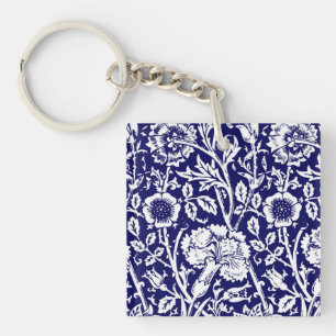 Porte-clefs Œillet Art Nouveau Damassé, Bleu Nuit et Blanc
