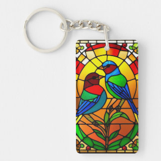 Porte-clefs Oeuvre colorée en verre verni avec des oiseaux