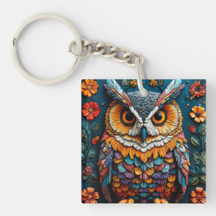 Porte-clefs Œuvre d'art colorée de hibou avec détails complexe