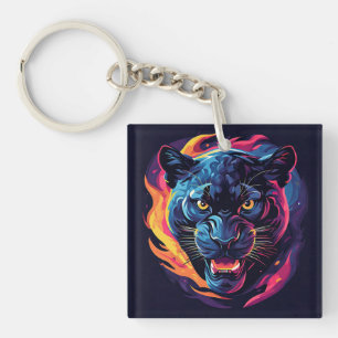 Porte-clefs Œuvre d'art panthère agressive en couleurs néon