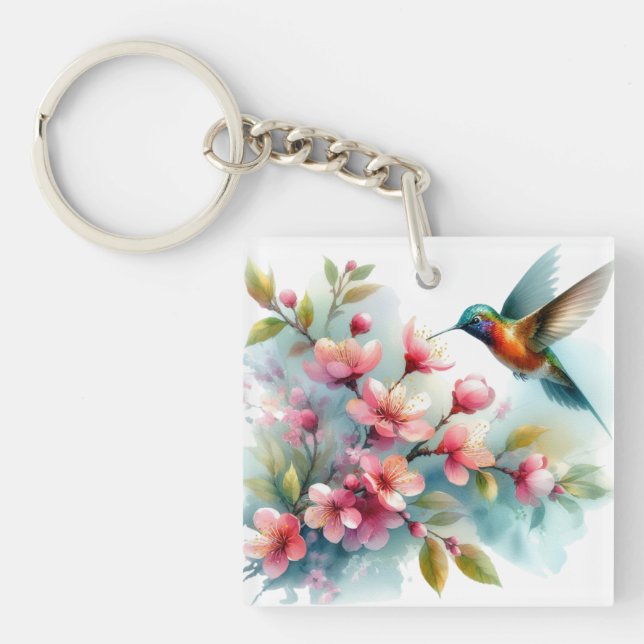 Porte-clefs OEuvre florale/printanière de colibri (Devant)