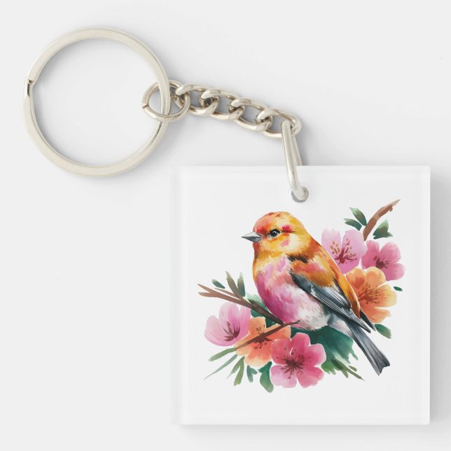 Porte-clefs Oiseau à Fleur Rose (Devant)