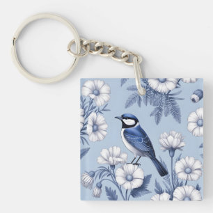 Porte-clefs Oiseau Bleu Élégant et Motif Floral Blanc