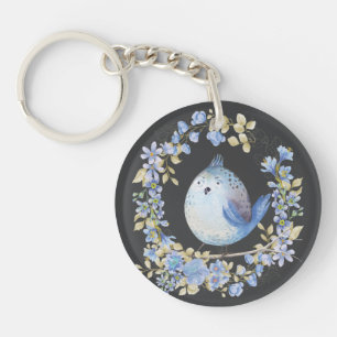 Porte-clefs Oiseau bleu en couronne fleurie