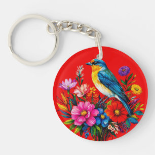 Porte-clefs Oiseau bleu perché parmi des fleurs printanières c
