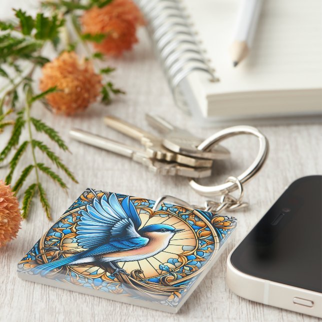 Porte-clefs Oiseau bleu vif perché sur du verre tendu (Devant Droit)