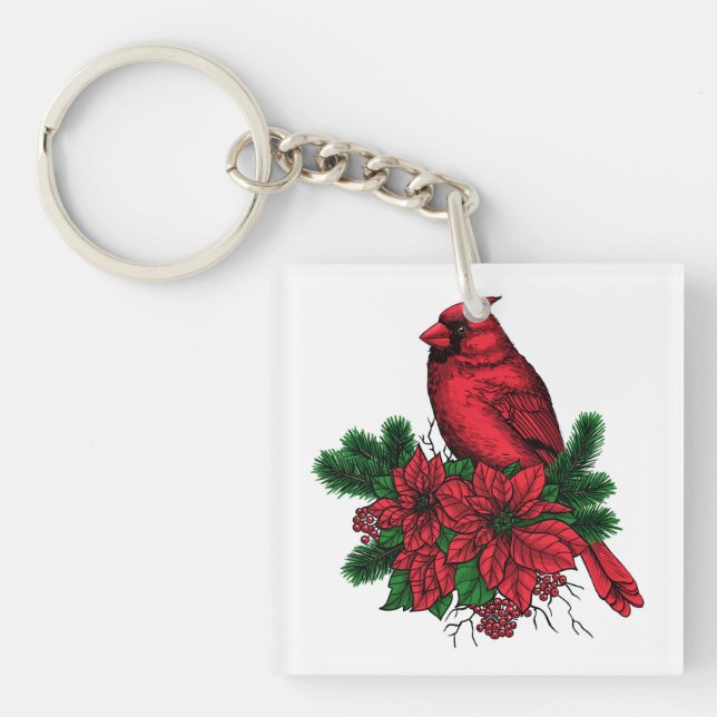 Porte-clefs Oiseau cardinal, illustration de Noël (Devant)