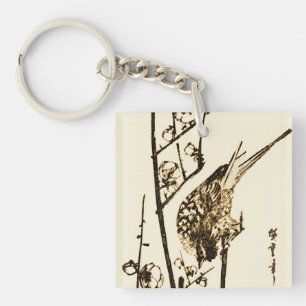 Porte-clefs Oiseau japonais sur une branche - Brun et beige