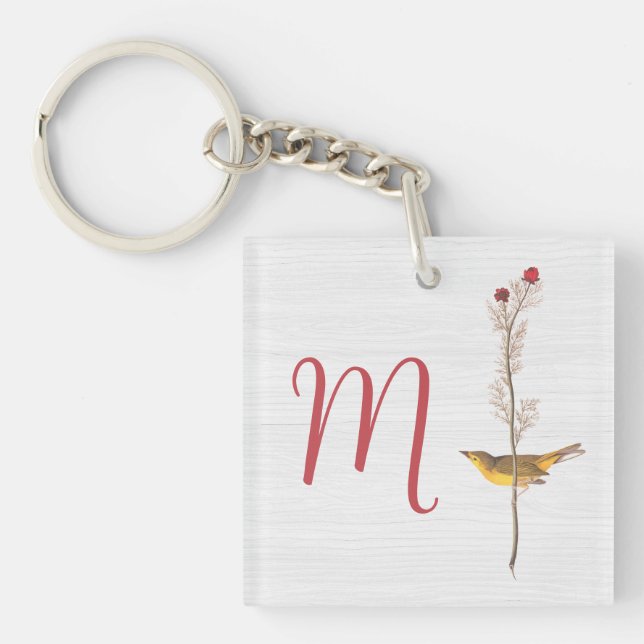 Porte-clefs Oiseau jaune d'Audubon sur fleur avec monogramme (Devant)