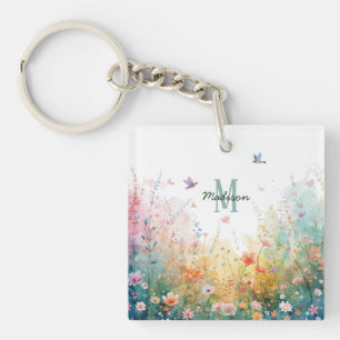 Porte-clefs Oiseaux aquarelle de printemps Monogramme floral F