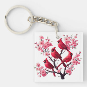 Porte-clefs Oiseaux cardinaux rouges Oiseaux de fleurs de ceri
