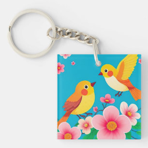 Porte-clefs Oiseaux Colorés Posés Parmi de Superbes Fleurs