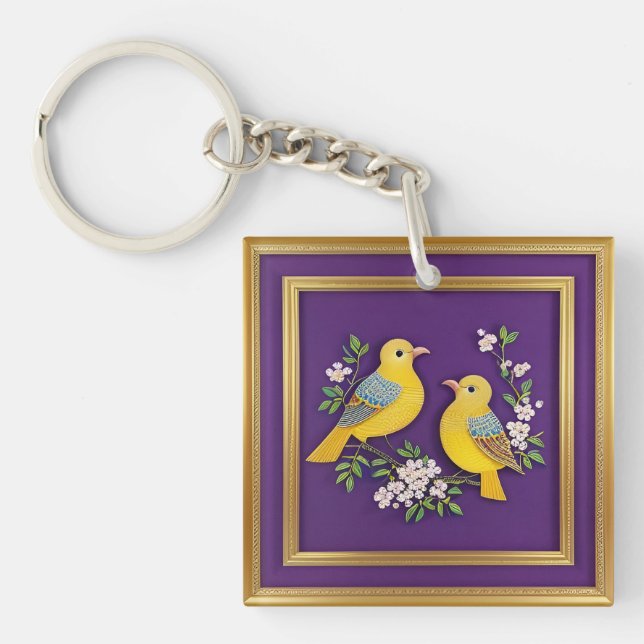 Porte-clefs 🕊️ Oiseaux dans un cadre doré orné pour cadeau 🕊 (Devant)