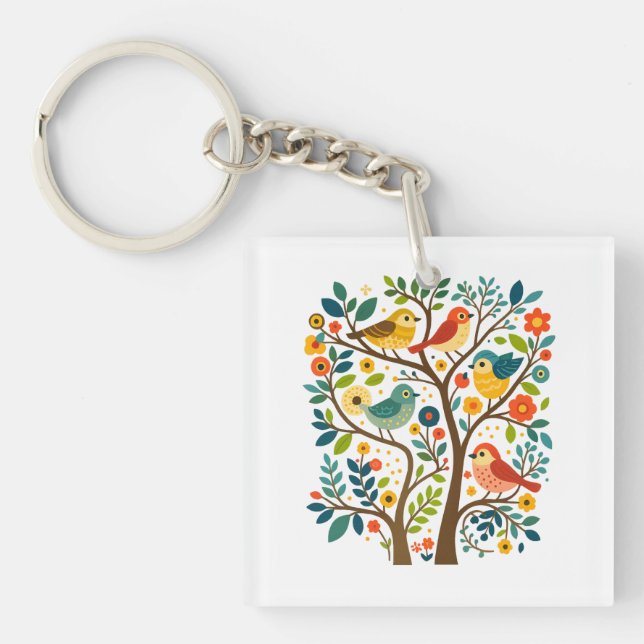Porte-clefs Oiseaux et fleurs Art populaire scandinave (Devant)