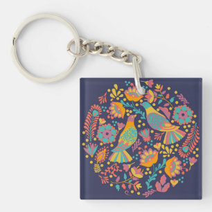 Porte-clefs Oiseaux et fleurs d'art populaire mexicain colorés