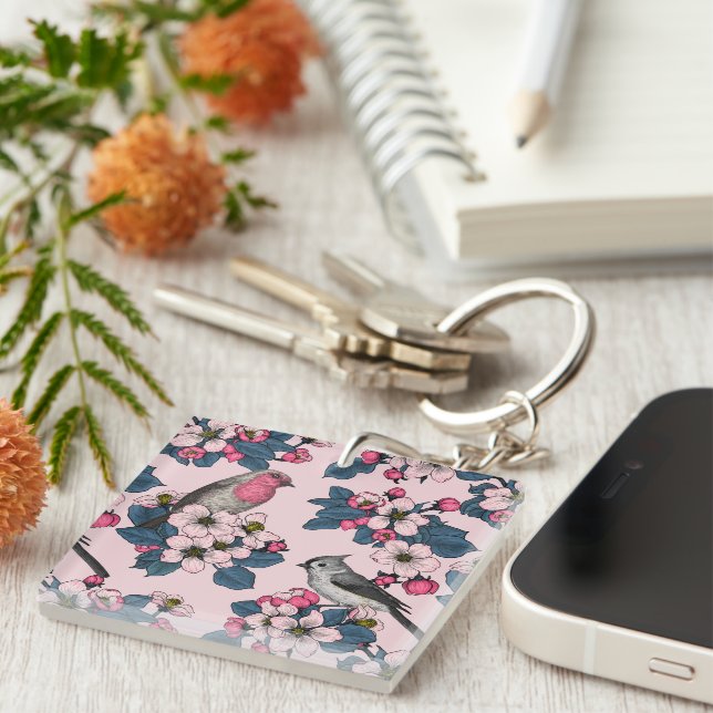 Porte-clefs Oiseaux et fleurs roses (Devant Droit)