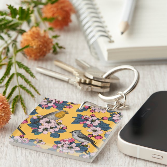 Porte-clefs Oiseaux et fleurs sur le jaune (Devant Droit)