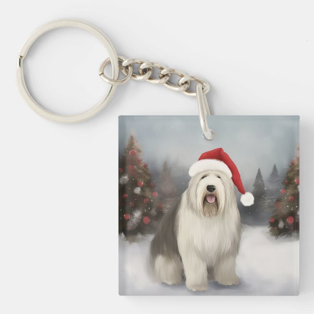 Porte-clefs Old English Sheepdog en Noël de neige (Devant)