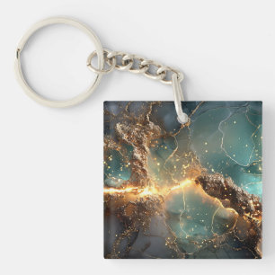 Porte-clefs Or Abstrait et art marbré Turquoise