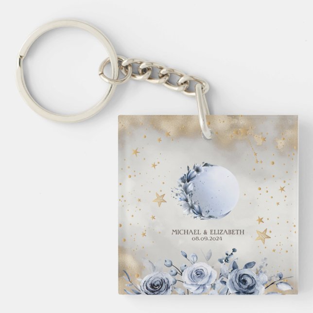 Porte-clefs Or céleste Soleil, Bleu Lune Rose étoiles Or (Devant)