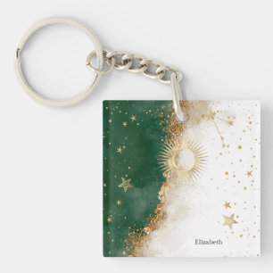Porte-clefs Or céleste Soleil Et Lune Étoiles Vert