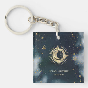 Porte-clefs Or Céleste Soleil, Lune, Étoiles Ciel Nocturne